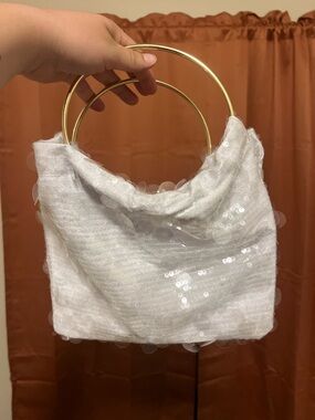 White Sequin Bag with Gold Ring Handles